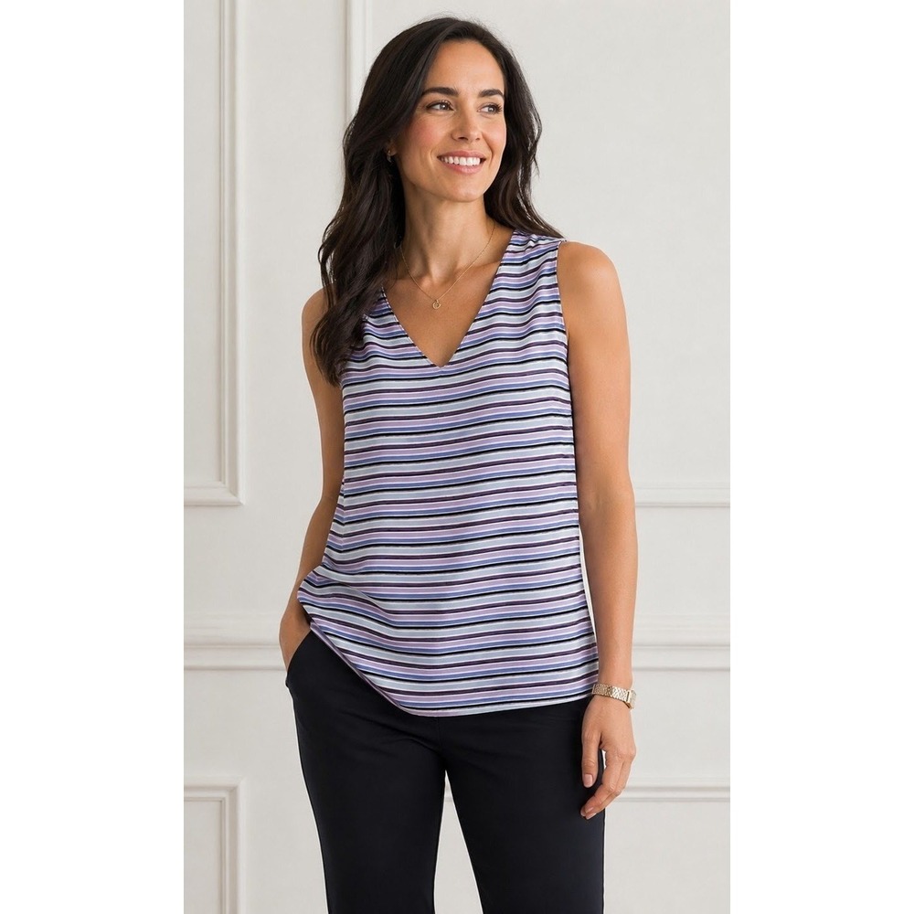 WHBM Reversible Striped V-Neck Sleeveless Top M Purple Blue Office Preppy Costal